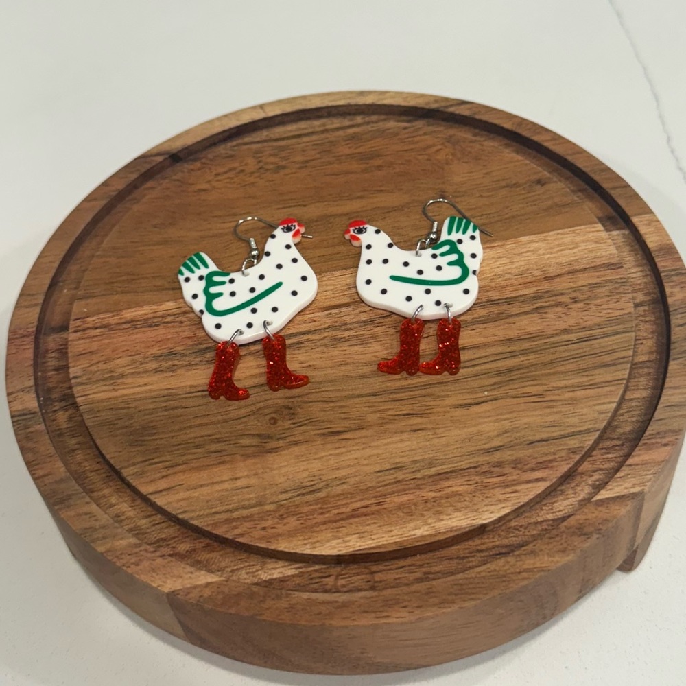 Brand new handmade chicken in cowboy boots jewelry earrings